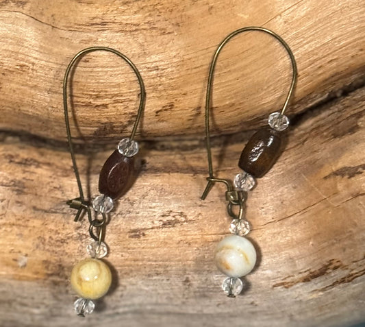 Antique Metal Beaded Earrings Amazonite and Wood